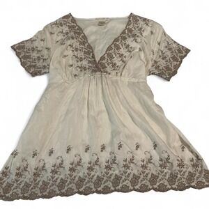 Gold Hawk Silk Tunic Top Womens Large Ivory Taupe Embroidered Boho V-Neck